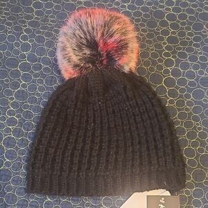 Stylish Black Knit Hat with Multicolor Pom-Pom